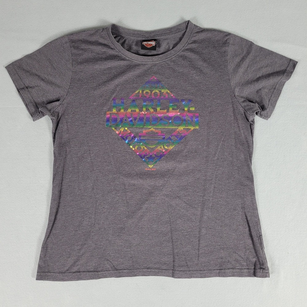 Harley-Davidson Tee Womens XL Gray Rainbow Foil Graphic Regular Fit Cotton Blend